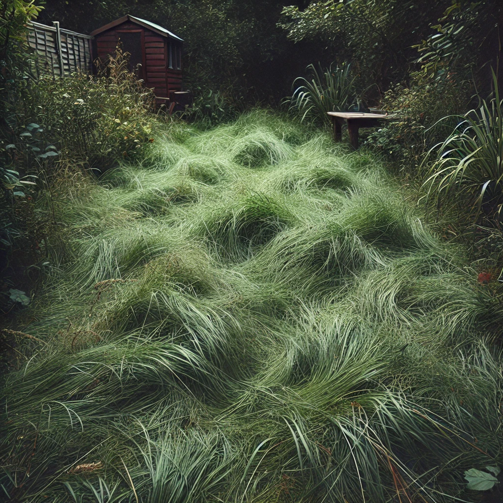 Neglected lawn with tall, uncut grass, showing weed invasion, patchy growth, and pest problems due to lack of regular mowing.
