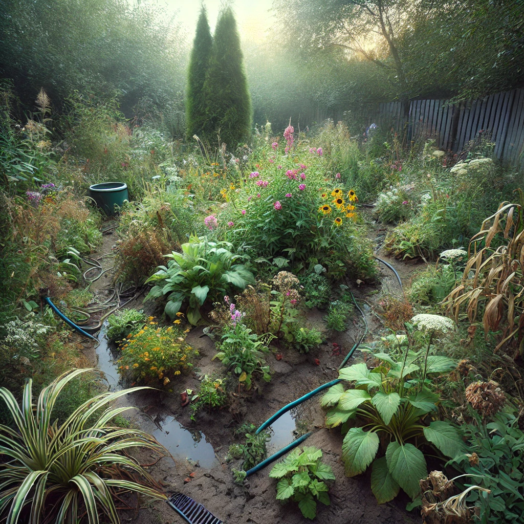 Neglected garden overrun by weeds, showing the impact of unchecked weed growth on soil quality, plant health, and maintenance challenges.